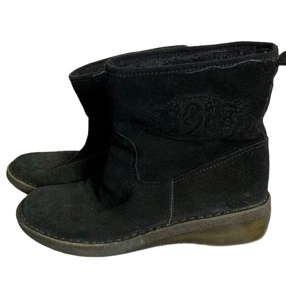 Nine West Suede Leather Booties Boots 9 Black Faux Fur Wedge Heel Round Toe - Picture 2 of 8